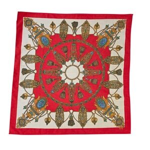 Vintage Ace Red Baroque Medallion Square Scarf Bandana Tassel Cameo Print